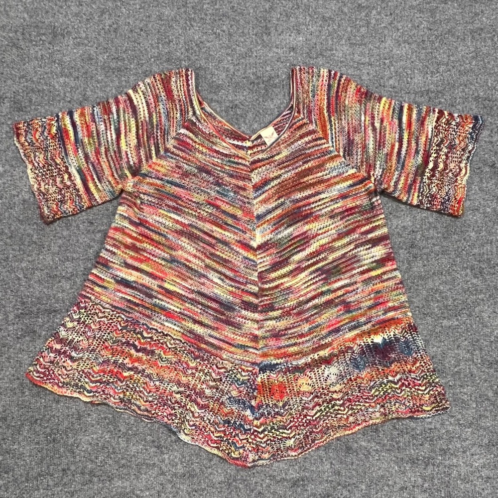 Faded Glory Knit Top Womens XL 16-18 Multi-Color Space Dye Sharkbite Hem V-Neck